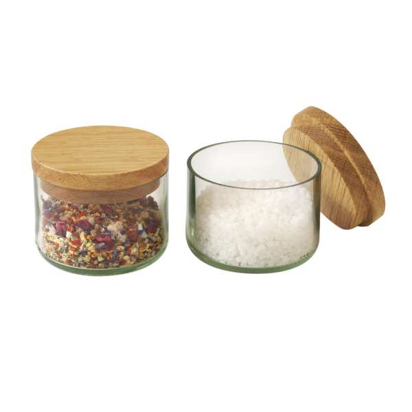 Side by Side - Glass jar with wooden lid for salt & spices - set of 2