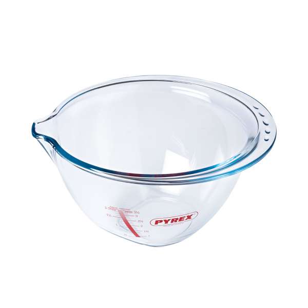Pyrex bowl made of thick-walled borosilicate glass with wide spout & handle
