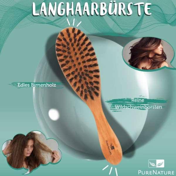 Long Hair Brush With Boar Bristles, Peartree Wood