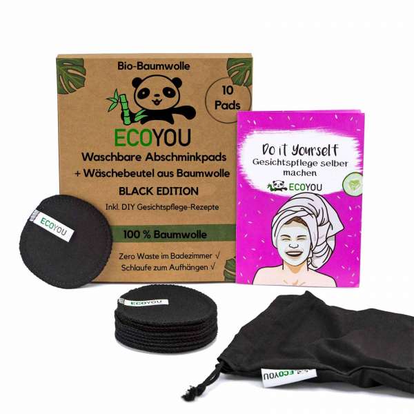 EcoYou make-up remover pads black - set of 10 made from organic cotton