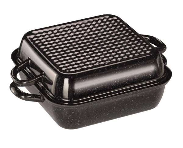 RIESS Square Black Enamel Roasting Pan with Lid, 26 x 26 cm RIESS Square Black Enamel Roasting Pan with Lid, 26 x 26 cm