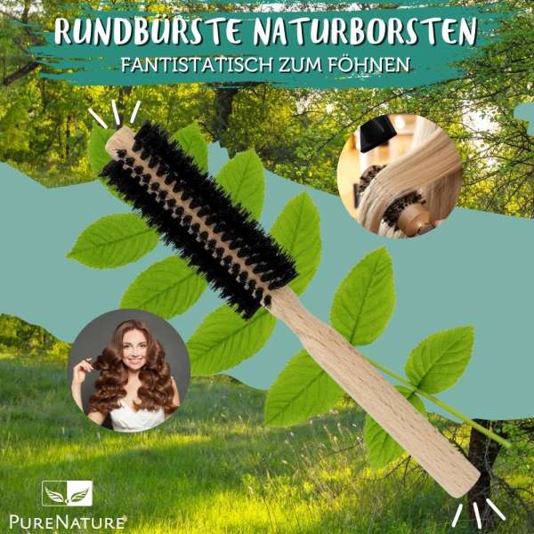 PureNature round brush natural bristles - antistatic for blow-drying hair