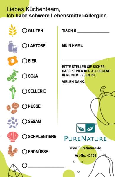 PureNature allergy card  in language DE / EN PureNature allergy card  in language DE / EN