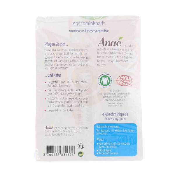 Anae make-up remover pads - reusable from certified organic cotton