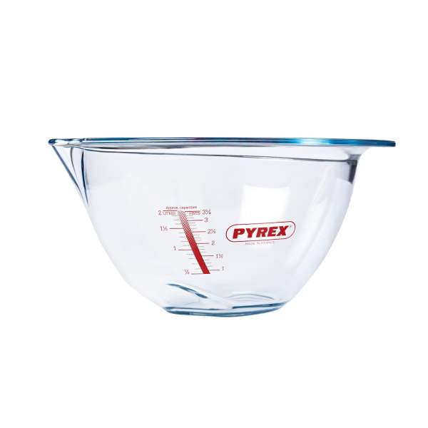 Pyrex bowl made of thick-walled borosilicate glass with wide spout & handle