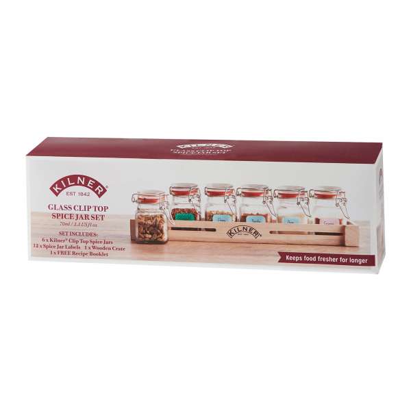 Kilner spice jars set with wooden shelf and 6 iron jars